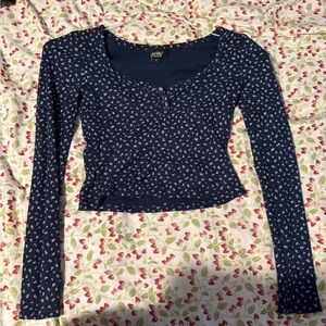 Blue Fitted Long Sleeve Buttoned Blouse
